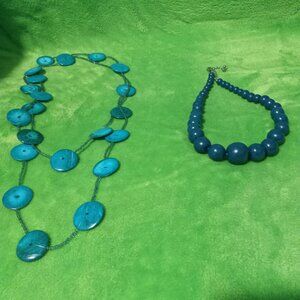 Set of 2 Blue Necklaces Beaded Choker & Long Disk Necklace